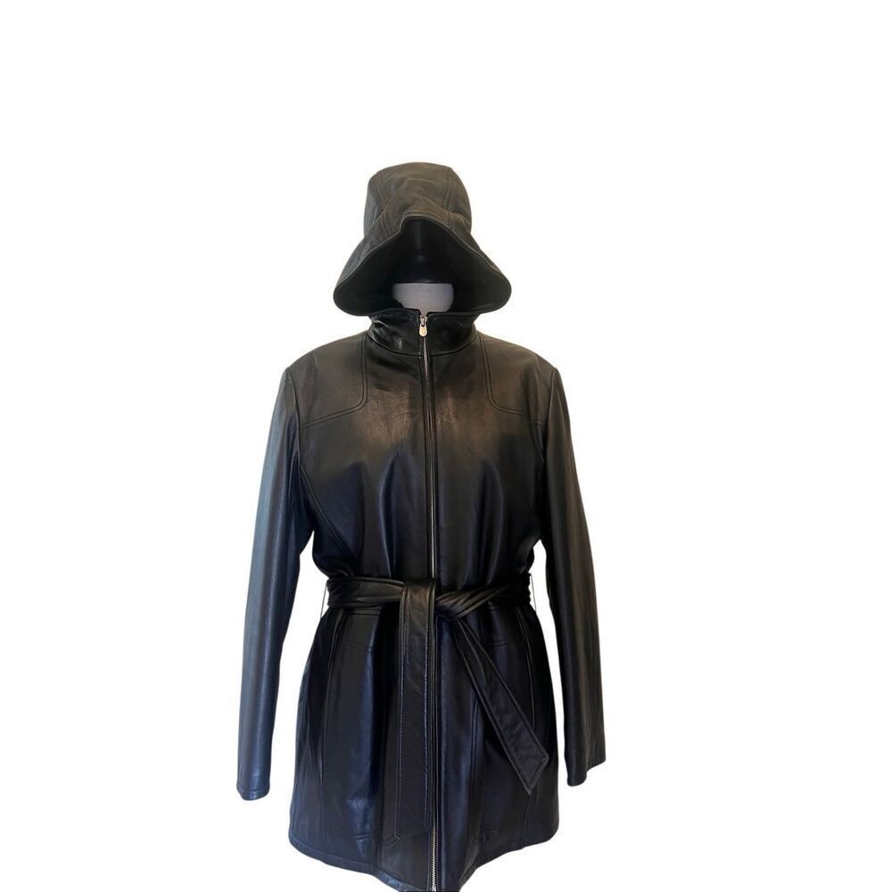 Wilsons Leather Womens Genuine Leather Tie Waist Zip Up Hooded Coat Black Large